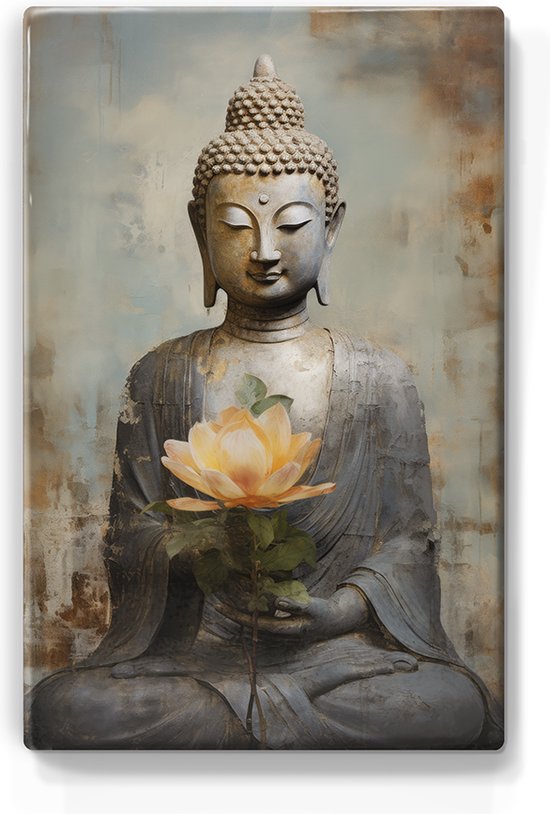 Boeddha met bloemen - Mini Laqueprint - 9,6 x 14,7 cm - Niet van echt te onderscheiden handgelakt schilderijtje op hout - Mooier dan een print op canvas. - LPS531