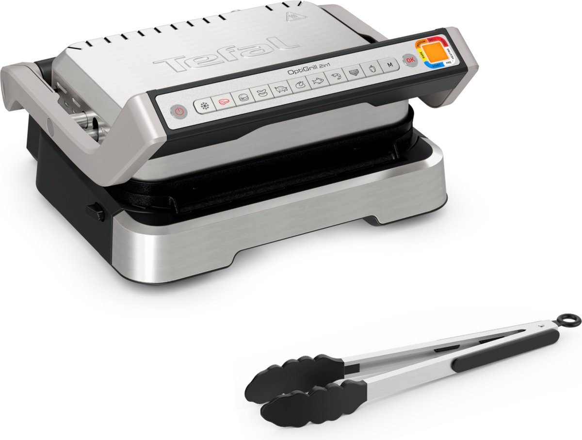 Tefal OptiGrill 2in1 GC773D - Intelligente Contactgrill - 9 Automatische Progamma's - Inclusief Tang - Gaarheidsindicator - 2000W - RVS
