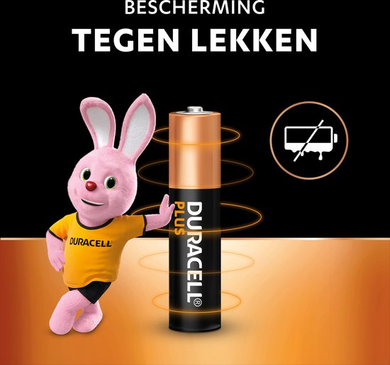 Duracell Plus AAA batterij met koperen dop en beschermingssymbolen.