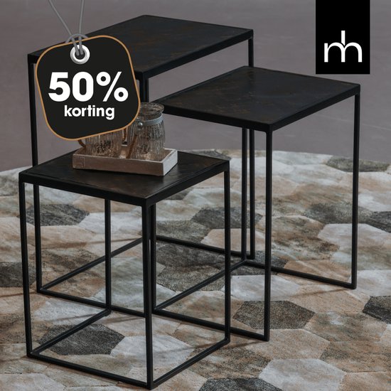 Mangohouten Salontafels Dayton Black Set van 3 Mahom Industrieel - Kleine tafel van Mangohout & Metaal - Industriële Huiskamertafel