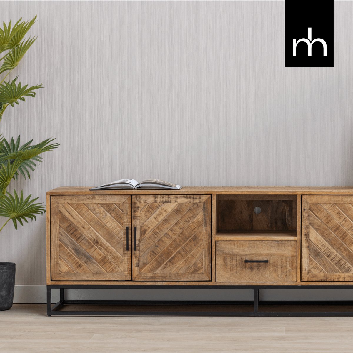 Mangohouten TV Meubel Reno 200 cm met 1 lade Mahom Industrieel - TV Meubel van Mangohout & Metaal - Industriële TV Meubel