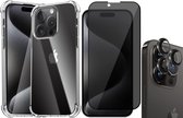 Hoesje geschikt voor iPhone 15 Pro - Privacy Screenprotector FullGuard & Camera Lens Screen Protector Zwart - Back Cover Case ShockGuard Transparant