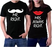 PicOnTshirt - Teetalks Series - T-Shirt Dames - T-Shirt Heren - T-Shirt Met Print - Couple T-Shirt Met 'Mr. Right & Mrs. Always Right' Print - 2 Pack - Zwart - Heren XL/Dames S
