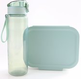 Boîte à lunch Vert Ocean + gourde | Boîte à lunch Bento de couleur moderne avec gobelet pour écoliers et adultes | Bouteille d'eau sans BPA | LS35