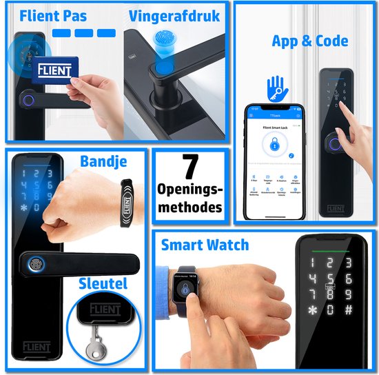 Flient® Smart Lock Advanced - Slimme Deurslot - Deurklink met Vingerafdruk - Met APP & WiFi - BlueTooth - Kantoor Slot - Zwart - Anti inbraak - TT lockApp - Flient