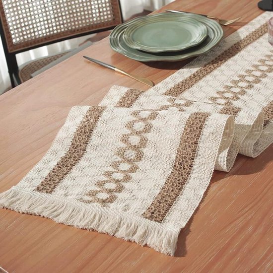 Chemin de table en macramé - Rectangulaire - Dentelle crochetée - Avec  pompons - Pour les fêtes de campagne, les cuisines, les restaurants, les