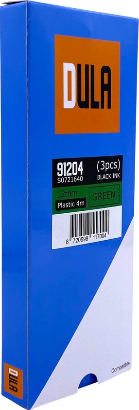 DULA verpakking met 3 "black ink" linten, 12mm x 4m, groen plastic. "91204 S0721640"