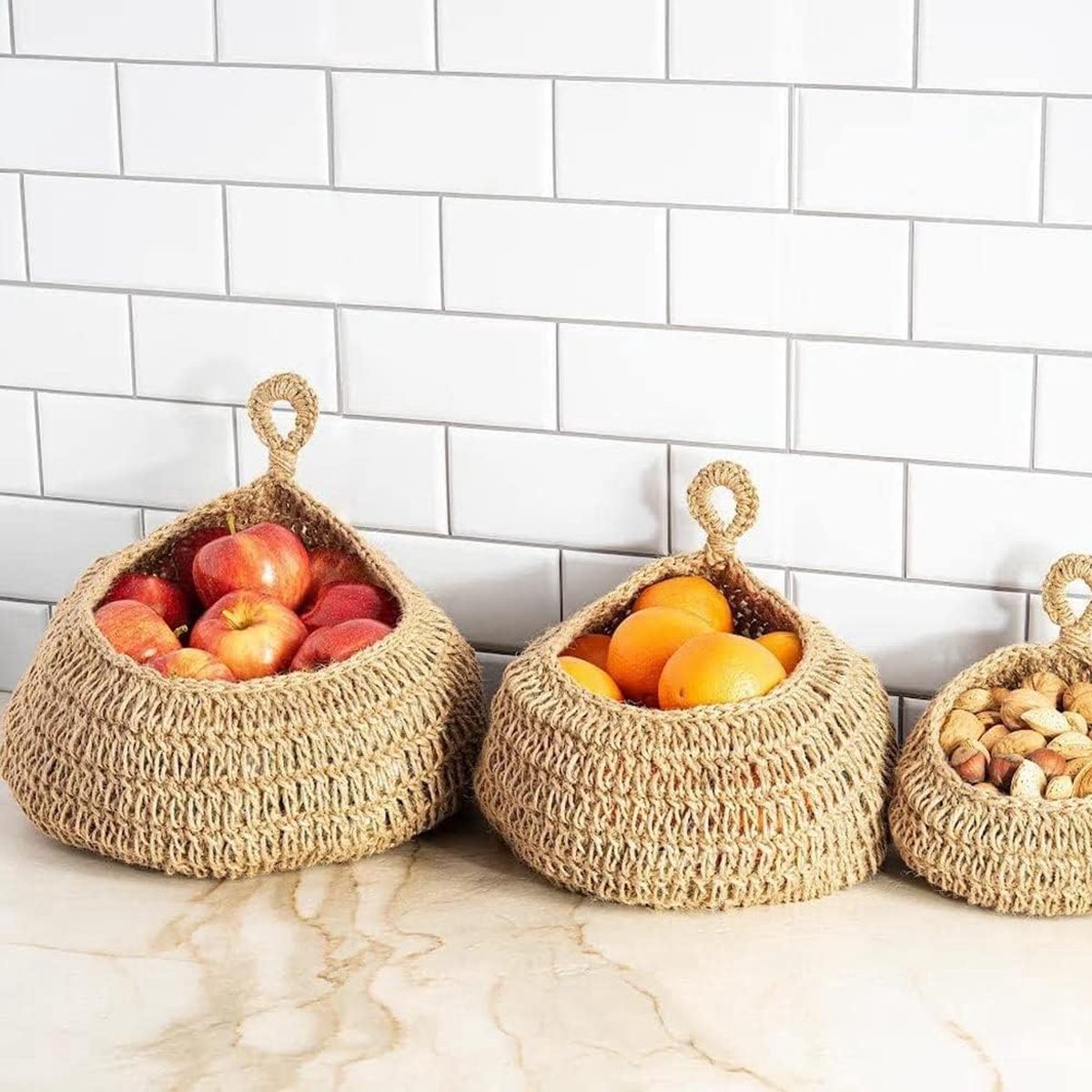 4 stuks jute hangende fruitmanden, boho muurmand