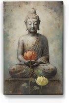 Boeddha met bloemen - Laqueprint - 19,5 x 30 cm - Niet van echt te onderscheiden handgelakt schilderijtje op hout - Mooier dan een print op canvas. - LP521