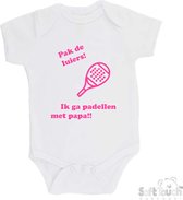 100% katoenen Romper "Pak de luiers! Ik ga padellen met papa!!" Padel Meisjes Katoen Wit/roze Maat 56/62