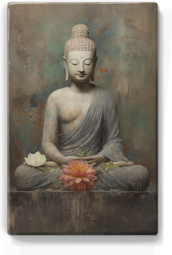 Boeddha met bloemen - Mini Laqueprint - 9,6 x 14,7 cm - Niet van echt te onderscheiden handgelakt schilderijtje op hout - Mooier dan een print op canvas. - LPS503