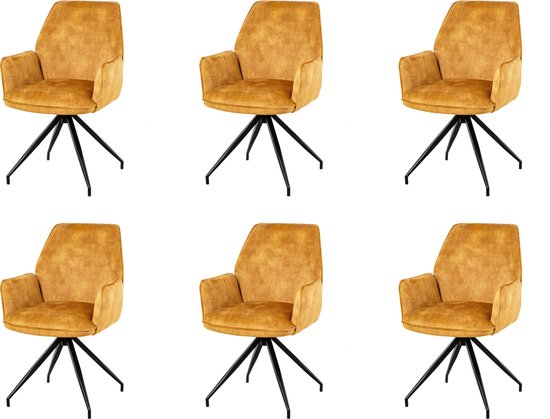 Nuvolix velvet eetkamerstoelen met armleuning set van 6 "Madrid" - stoel met armleuningen - eetkamerstoel - velvet stoel - cognac
