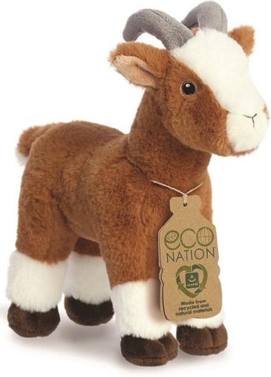 Aurora eco nation pluche knuffeldier geit - bruin/wit - 27 cm - boerderijdieren thema afbeelding