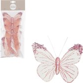 House of Seasons decoratie vlinders op clip - 6x stuks - roze/wit - 10 cm