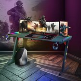 Xergonomic Hard2Kill Gaming Desk - Bureau de jeu ergonomique avec éclairage LED - Table de Gaming avec porte-gobelet et porte-casque - Aspect fibre de carbone - L140xP57xH75 cm - Zwart