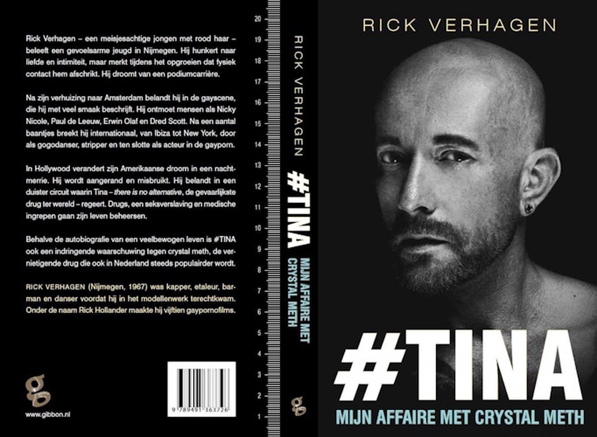 Boekomslag met een kale man, Rick Verhagen. De tekst luidt '#TINA MIJN AFFAIRE MET CRYSTAL METH'. De rug en achterkant van het boek bevatten tekst.