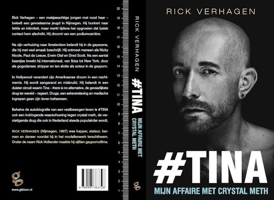 Boekomslag met een kale man, Rick Verhagen. De tekst luidt '#TINA MIJN AFFAIRE MET CRYSTAL METH'. De rug en achterkant van het boek bevatten tekst.