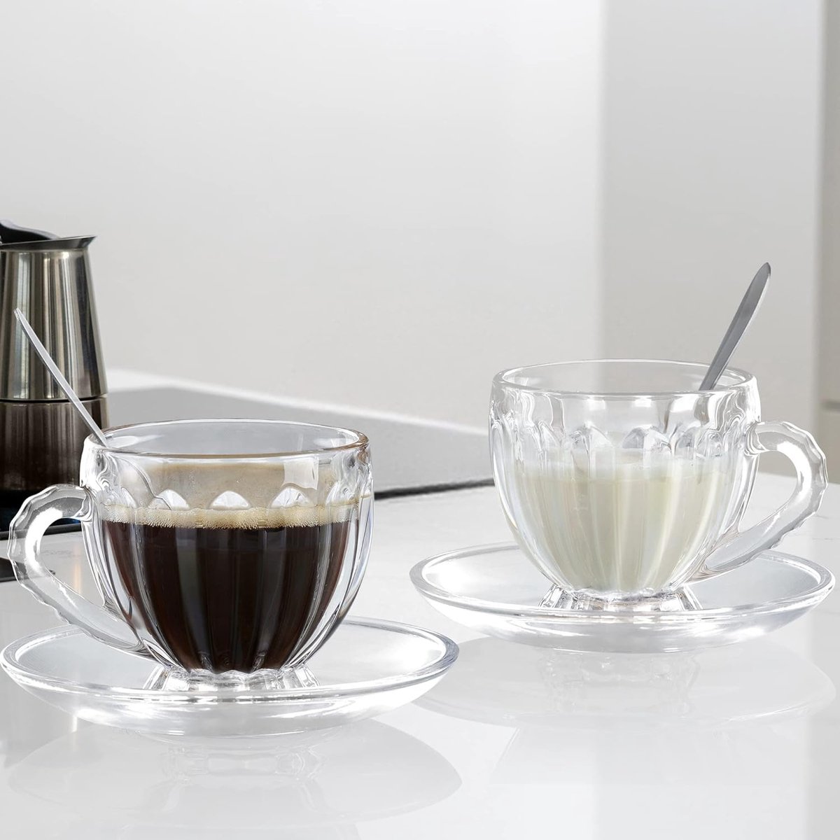 Tasse à café en verre de 175 ml avec soucoupe et cuillère - lot de