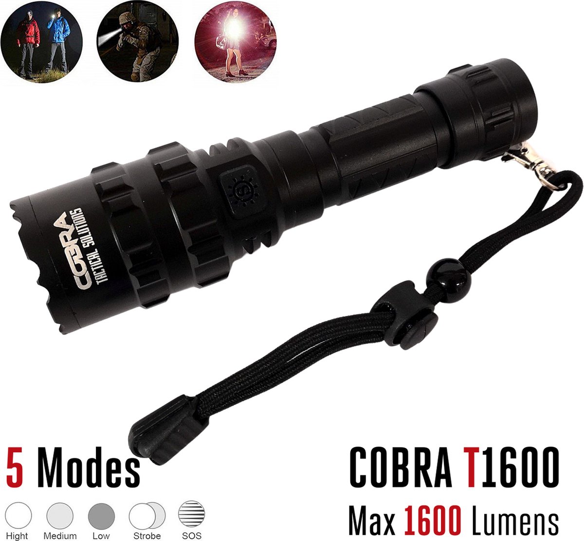 COBRA T1600 LED Tourch - 1600 Lumen - Waterproof - Militaire zaklamp - Led zaklamp - Incl 18650 Batterij - Zwart