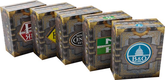 Vijf dozen met treinbedrijfslogo's, lijkend op kluisdeuren met gouden accenten.