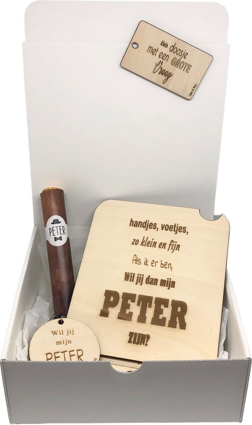 Geschenkbox Wil jij mijn PETER zijn? | zwart | gsm-houder | sigaar |  sleutelhanger | peter vragen | meter worden | peetoom vragen | peetoom worden | cadeau | doosje met een vraag