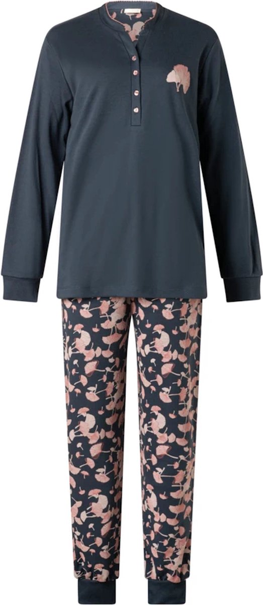 Lunatex dames pyjama interlock - Herfst bloem uni - marine Marine, uni