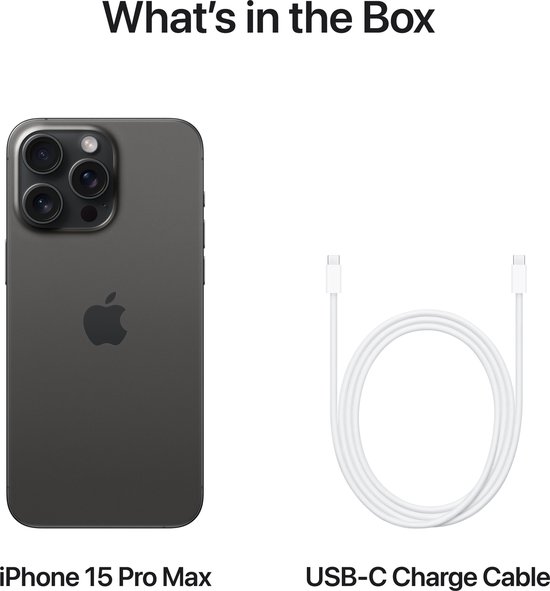 Inhoud van de doos: een donkergrijze iPhone 15 Pro Max en een witte USB-C oplaadkabel.