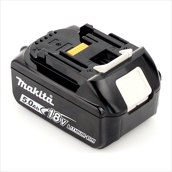 Zwarte Makita 18V 5.0Ah Li-ion accu met witte en gele accenten en LED-indicator.
