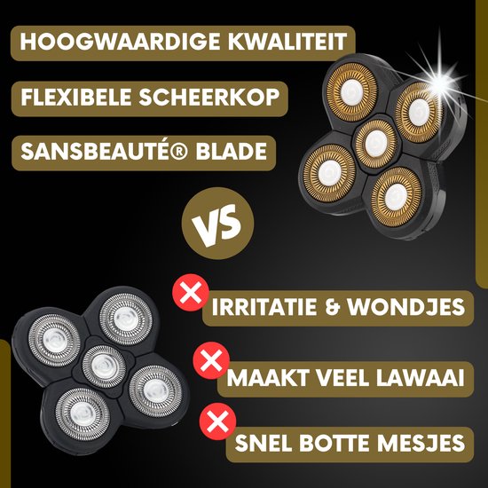 Scheerkop met gouden bladen 'Sansbeauté® Blade' vergeleken met scheerkop met zilveren bladen.