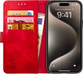 Rosso Element Book Case Wallet Hoesje Geschikt voor Apple iPhone 15 Pro | Portemonnee | 3 Pasjes | Magneetsluiting | Stand Functie | Rood