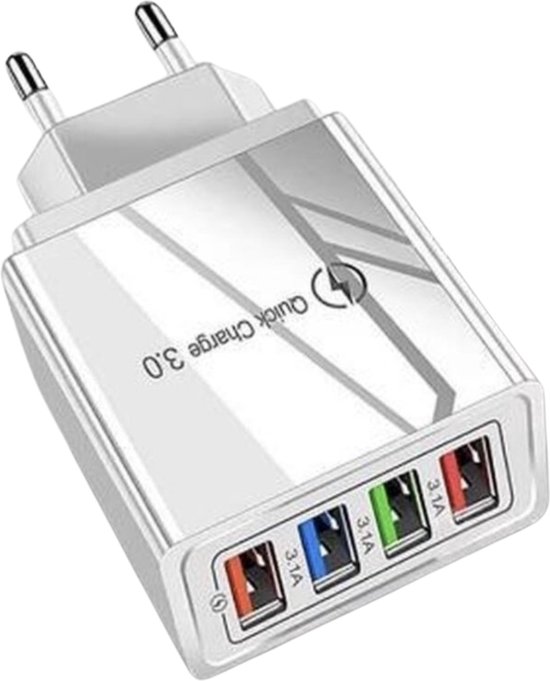 USB snel lader/Quick Charger 3.0 - USB stekker - USB Lader - Oplader voor Smartphones en Tablets - Thuislader - Universele Adapter met 4 usb poorten - telefoonstekker wit