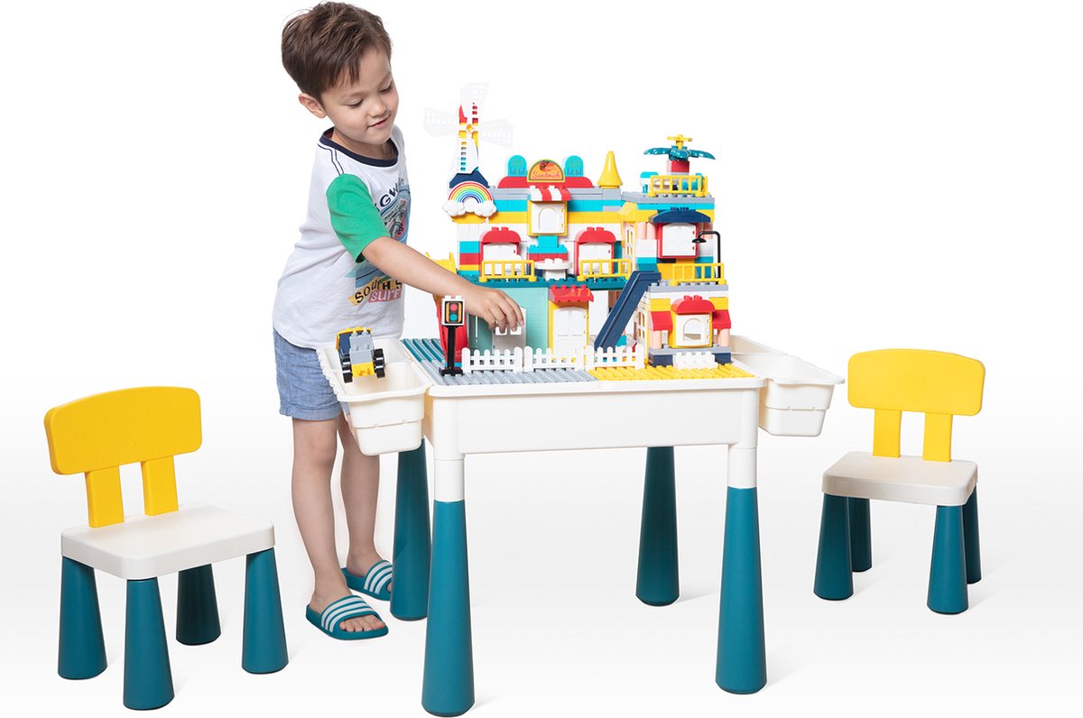 【All-in-One】Bouwtafelset inc. 100 bouwblokken voor LEGO & DUPLO - Multifunctioneel Kinderbouwtafel met 2 stoelen + 4 Opbergbakken - Constructietafel, Kinderwerktafel, Speeltafel, Zandbak, Watertafel - Kindertafel en stoelen - Aquamarijnkleur