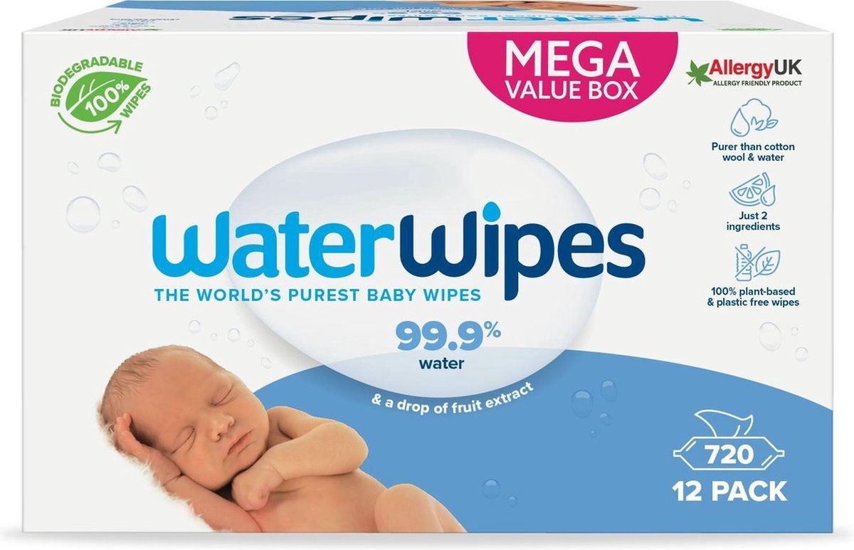 WaterWipes 12x 60 lingettes pour bébé (720 lingettes pour les fesses) | bol