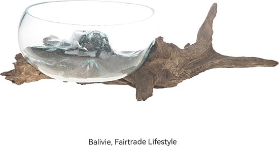Balivie - Decoratieve schaal - Gesmolten glas/ schaal op wortelhout - 65x30x23cm
