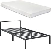 Metalen Bedframe Reanna - Zwart - Met matras - 90x200 cm - Staal en Koudschuim - Modern Design