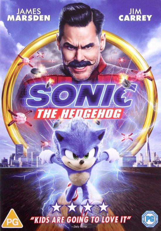 Filmcover Sonic The Hedgehog met Sonic in de voorgrond en Jim Carrey (Dr. Robotnik) en James Marsden erboven. Bevat gouden ringen en stad.