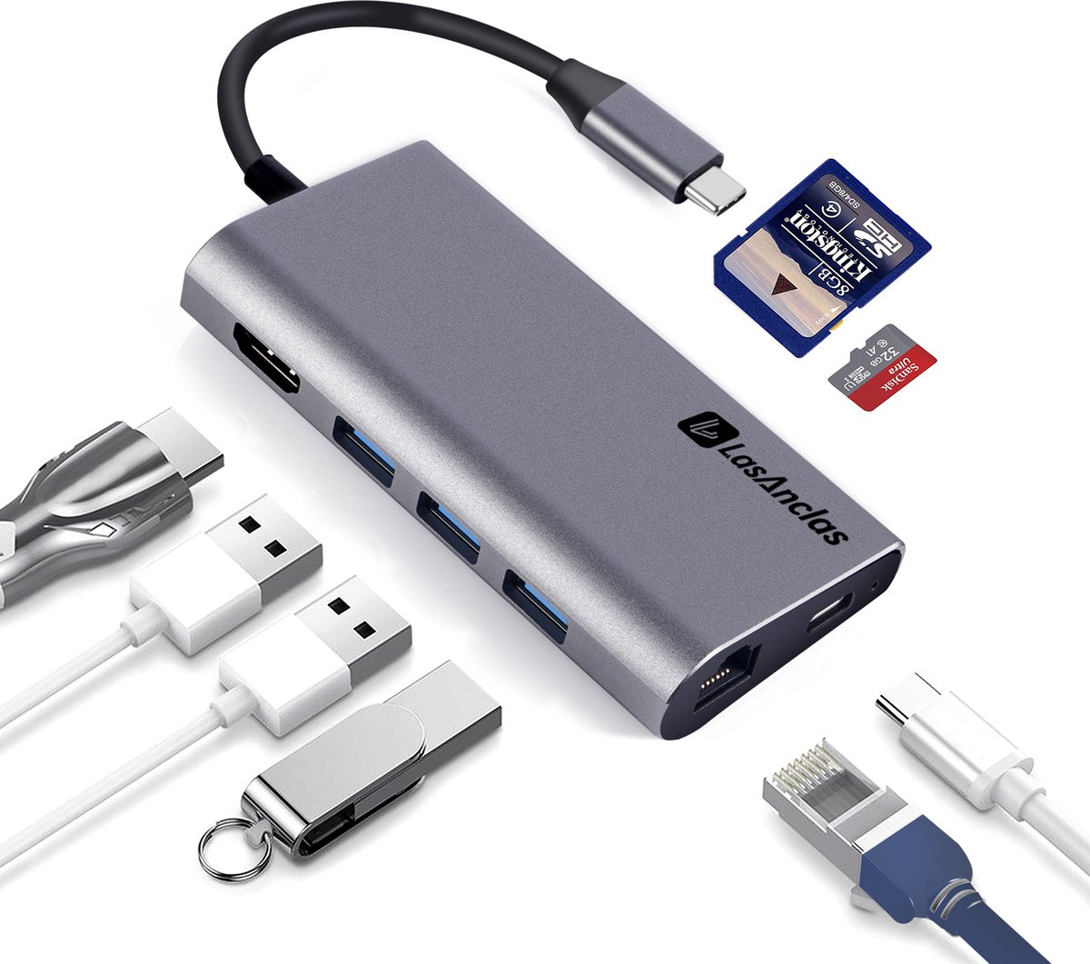 USB C Hub Ethernet Multiport Adapter, Lasanclas 8-in-1 USB C Docking Station 4K HDMI,8 Poorten, 100W PD, 3 USB 3.0, 1GBPS LAN USB C Dongle, SD/TF Reader USB C Dock voor MacBook Air/Pro, iPad Pro 2021 en Meer
