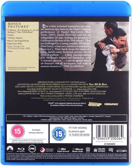 Blu-ray hoes met de achterkant van de film 'There Will Be Blood'. Bevat bonusmateriaal en filminfo.