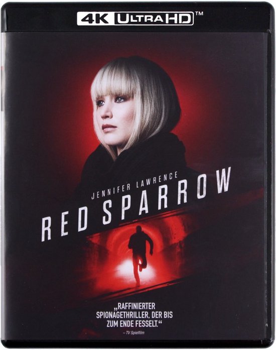 4K Ultra HD Blu-ray hoes van de film Red Sparrow met Jennifer Lawrence en de tekst "Raffinerter Spionagethriller, der bis zum Ende fesselt."