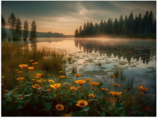 Poster (Mat) - Gele Bloemen Dobberend op het Water bij Bomen - 80x60 cm Foto op Posterpapier met een Matte look