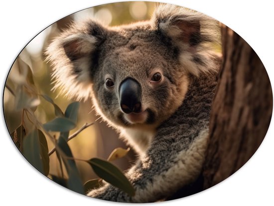 Dibond Ovaal - Nieuwsgierige Koala Vanachter Dikke Boom - 80x60 cm Foto op Ovaal (Met Ophangsysteem)