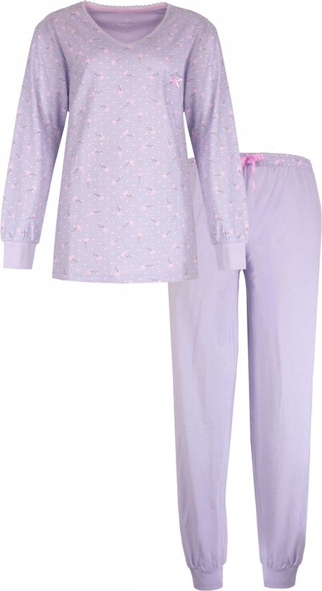 Dames Pyjama Set Tenderness – Bloemetjes print - 100% Gekamde Katoen –Lavendel Lila- Maat 3XL