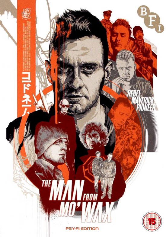 Poster met collage van gezichten en figuren, met de titel 'The Man from Mo'Wax' en Japanse tekst.