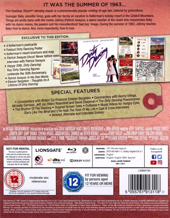 Achterkant Blu-ray hoes Dirty Dancing. Bevat details over de inhoud, speciale features en beoordelingen.