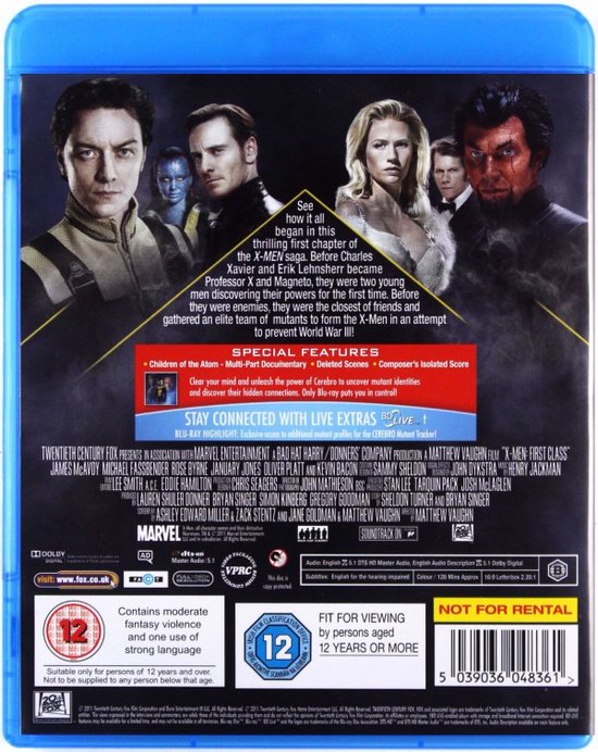 Achterkant van de X-MEN FIRST CLASS Blu-ray hoes met tekst en de cast van de film.