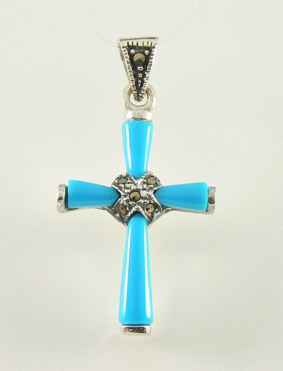 Pendentif croix en argent fin avec turquoise bleue et marcassite