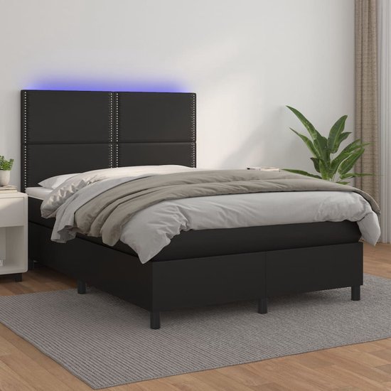 The Living Store Boxspring Bed - Kunstleer - 203x144 cm - Verstelbaar hoofdbord - LED-verlichting - Pocketvering matras - Huidvriendelijke topmatras - Zwart - 150 cm LED-strip