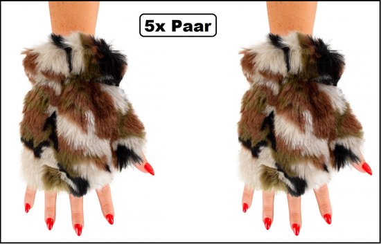 5x Paar vingerloze handschoen pluche camouflage - Feest festival thema feest party optocht themafeest