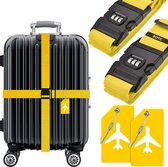 BOTC Kofferriem met Cijfer Slot - 4 stuks - 2 Kofferriem met cijferslot + 2 bagagelabels - 200 cm * 5 cm - Bagage Riem - Bagageband - Verstelbaar - Geel