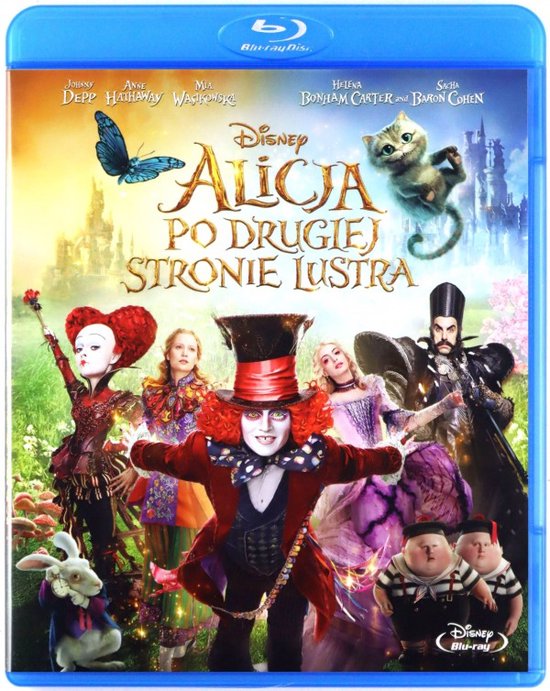 Blu-ray hoes van Alice Through the Looking Glass met de Mad Hatter, Alice, de Red Queen en andere personages.
